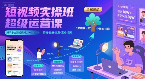短视频实操班超级运营课，新手小白到短视频大神必修课程，剪辑-拍摄-运营-直播-变现-chywc