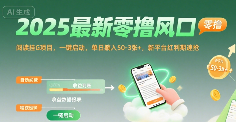 2025最新零撸风口，阅读挂G项目，一键启动，单日躺入 50-3张+，新平台红利期速抢【揭秘】-chywc