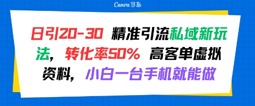 日引 20-30 精准引流私域新玩法，转化率50% 高客单虚拟资料，小白一台手机就能做-chywc