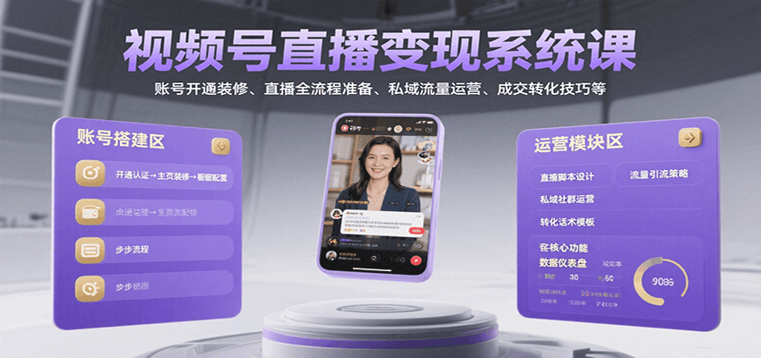 视频号直播变现系统课，账号开通装修、直播全流程准备、私域流量运营、成交转化技巧等-chywc