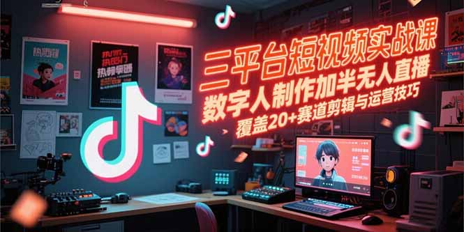 三平台短视频实战课，数字人制作加半无人直播，覆盖20+赛道剪辑与运营技巧-chywc