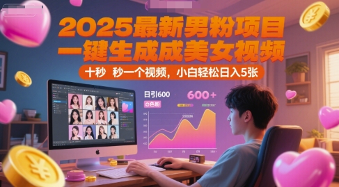 2025最新男粉项目，一键生成美女视频，日引600+色粉 十秒一个视频，小白轻松日入5张【揭秘】-chywc