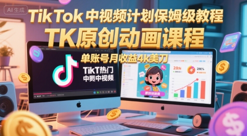 TikTok中视频计划保姆级教程，TK原创动画课程，单账号月收益4k美刀-chywc