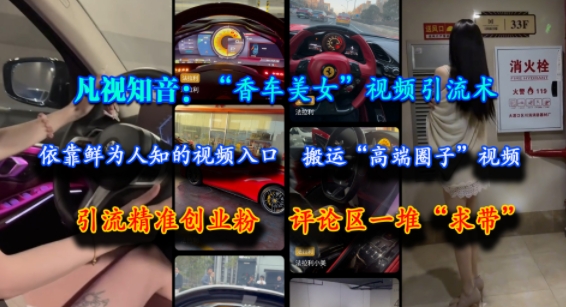 凡视知音：“香车美女”视频引流术，依靠鲜为人知的视频入口，搬运“高端圈子”视频，引流精准创业粉，评论区一堆“求带”-chywc