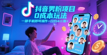 抖音男粉项目0成本玩法，一部手机即可操作，日均4张+，时间自由-chywc