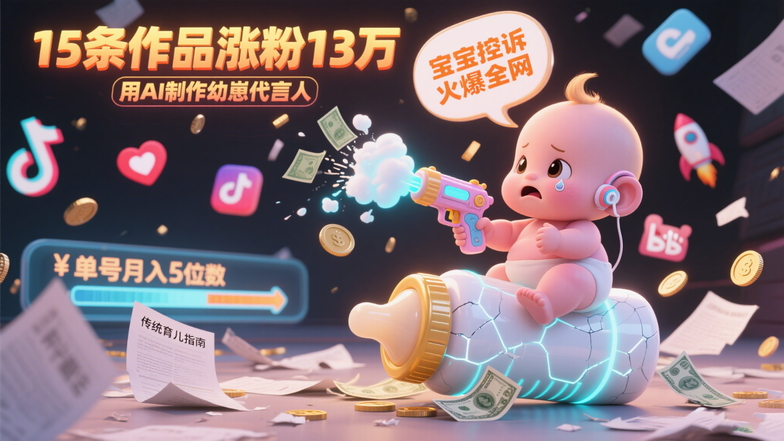 用AI制作幼崽代言人，宝宝的控诉火爆全网，15条作品涨粉13万，单号月入5位数实操教程-chywc