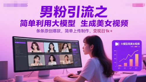 男粉引流之简单利用大模型生成美女视频，条条原创爆款，简单上传制作，变现日1k+-chywc