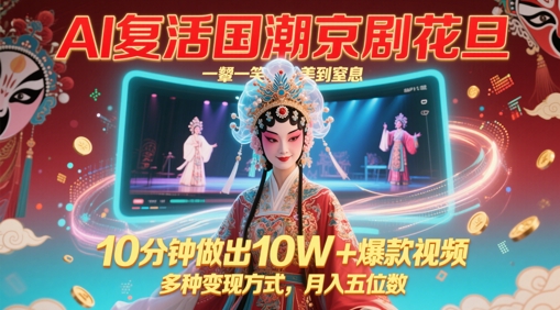 AI复活国潮京剧花旦，一颦一笑美到窒息，10分钟做出10W+爆款视频，多种变现方式，月入五位数-chywc