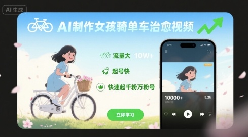 AI制作女孩骑单车治愈视频，流量大，起号快，快速起千粉万粉号-chywc