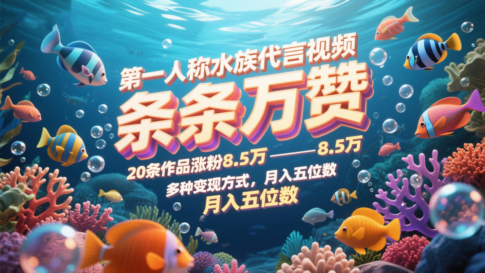 第一人称水族代言视频，条条万赞，20条作品涨粉8.5万，多种变现方式月，入五位数-chywc