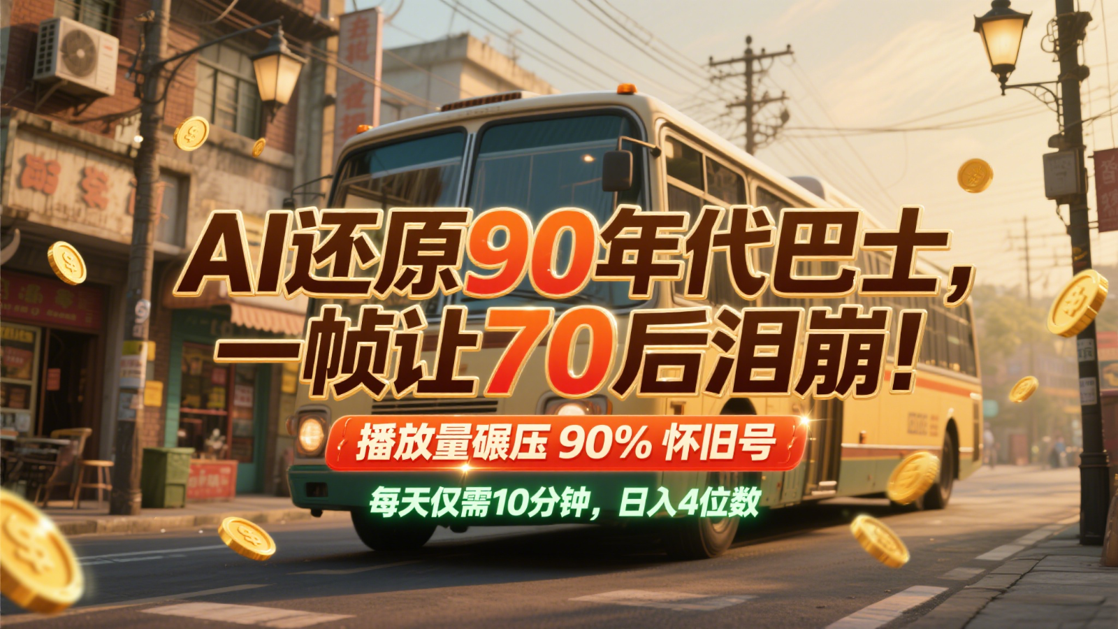AI还原90年代巴士，一帧让70后泪崩！播放量碾压90%怀旧号，每天10分钟，日入4位数-chywc