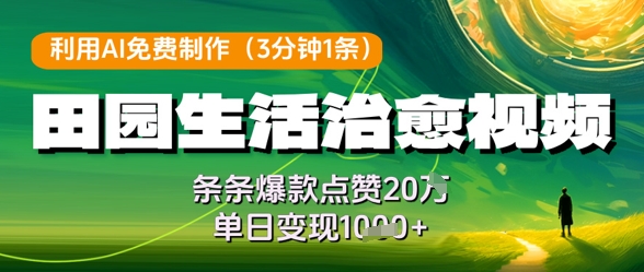 利用AI免费制作田园生活治愈视频，条条爆款点赞20W，单日变现几张-chywc