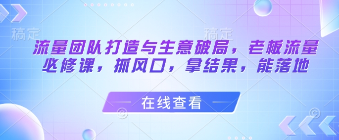 流量团队打造与生意破局，老板流量必修课，抓风口，拿结果，能落地-chywc