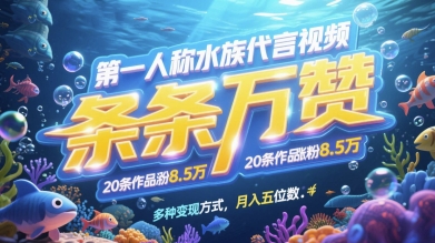 第一人称水族代言视频，条条万赞，20条作品涨粉7.8W，多种变现方式月入五位数-chywc
