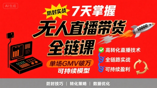 无人直播带货全链防封实战课，7天掌握高转化直播技术，实现单场GMV破万可持续模型-chywc