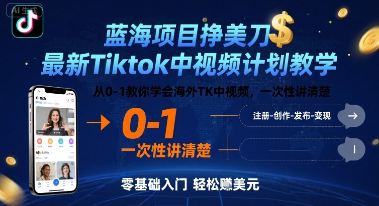蓝海项目挣美刀，最新Tiktok中视频计划教学，从0-1教你学会海外TK中视频，一次性讲清楚-chywc