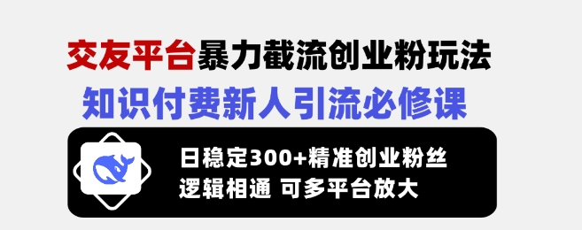 交友平台暴力截流创业粉玩法，知识付费新人引流必修课，日稳定300+精准创业粉丝，逻辑相通可多平台放大-chywc