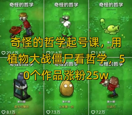 奇怪的哲学起号课，用植物大战僵尸看哲学，50个作品涨粉25w，暴力撸收益，全平台均可发布-chywc