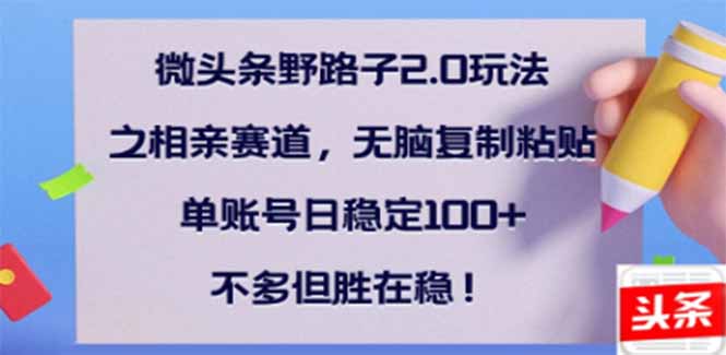 微头条野路子2.0玩法之相亲赛道，无脑搬砖复制粘贴，单账号日稳定300+…-chywc