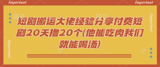 短剧搬运大佬经验分享付费短剧20天撸20个(他能吃肉我们就能喝汤)-chywc