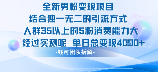 全新男粉变现项目引流人群35以上的男粉消费能力大 经过实测单日变现1k+-chywc
