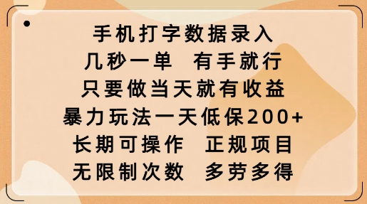手机打字数据录入，几秒一单，有手就行，只要做当天就有收益，暴力玩法一天低保2张-chywc
