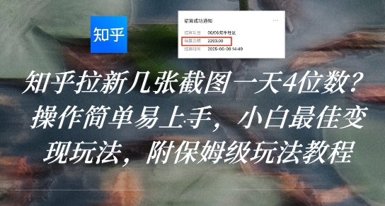 知乎拉新几张截图一天4位数？操作简单易上手，小白最佳变现玩法，附保姆级玩法教程-chywc