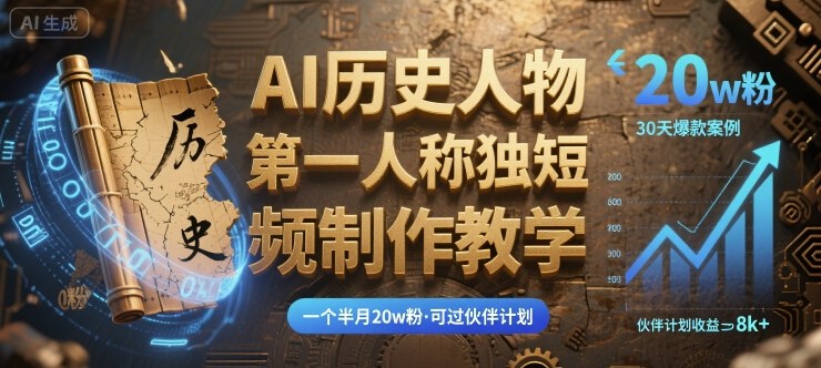最新AI历史人物第一人称独白短视频制作教学，一个半月20w粉，可过伙伴计划-chywc