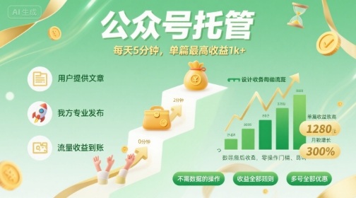 【公众号托管 】我提供文章，你发布，每天5分钟，单篇最高收益1k+【揭秘】-chywc