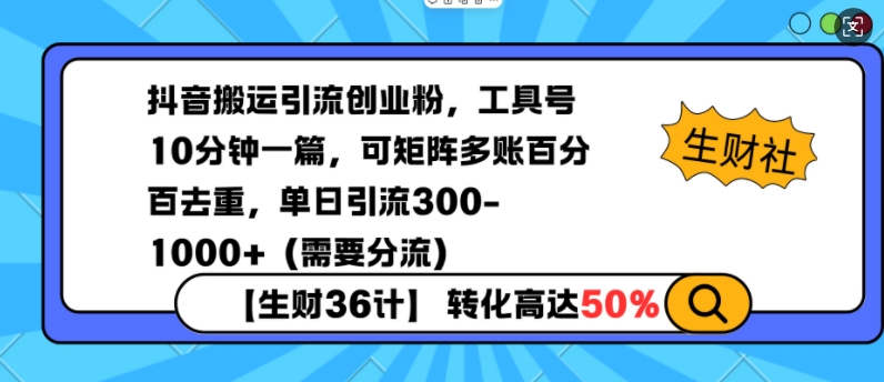 抖音搬运引流创业粉，工具号10分钟一篇，可矩阵多账百分百去重，单日引流300+(需要分流)-chywc