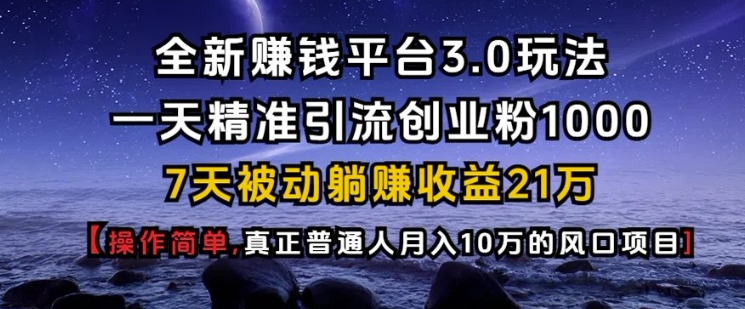 全新赚钱平台3.0玩法一天精准引流创业粉1000.7天被动躺Z收益21W【仅揭秘】-chywc