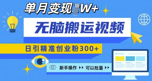 无脑搬运视频号可批量复制，新手即可操作，日引精准创业粉300+，月变现过W 【揭秘】-chywc