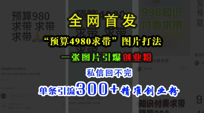 小红书“预算4980带我飞”图片打法，一张图片引爆创业粉，私信回不完，单条引流300+精准创业粉-chywc
