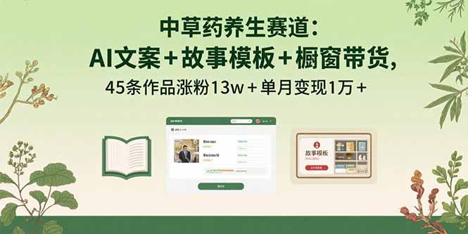 中草药养生赛道：AI文案+故事模板+橱带货，45条作品涨粉13w+单月变现1万+-chywc