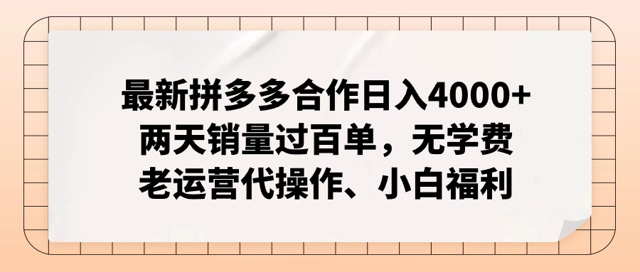 拼多多最新合作日入4000+两天销量过百单，无学费、老运营代操作、小白福利-chywc