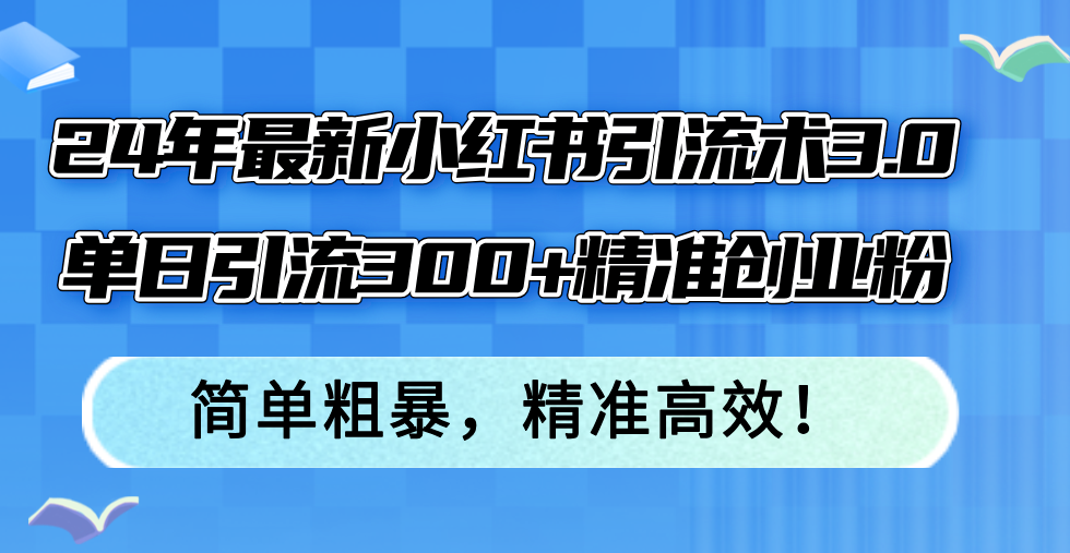 24年最新小红书引流术3.0，单日引流300+精准创业粉，简单粗暴，精准高效！-chywc
