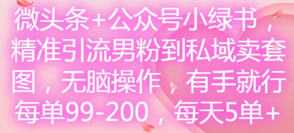 微头条+公众号小绿书，精准引流男粉到私域卖套图，无脑操作，有手就行，每单99-200，每天5单-chywc