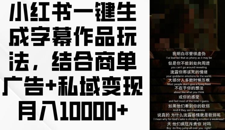 小红书一键生成字幕作品玩法，结合商单广告+私域变现月入1w+【揭秘】-chywc