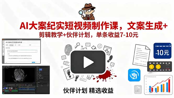 AI大案纪实短视频制作课，文案生成+剪辑教学+伙伴计划，单条收益7-10元-chywc