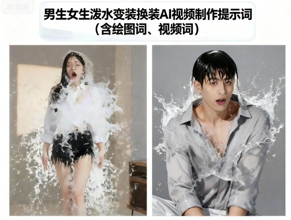 男生女生泼水变装换装AI视频制作提示词(含绘图词、视频词)-chywc
