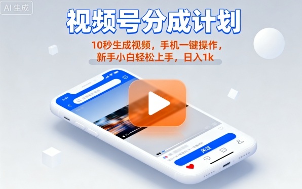 视频号分成计划懒人玩法，10秒生成视频，手机一键操作，新手小白轻松上手，日入1K【揭秘】-chywc