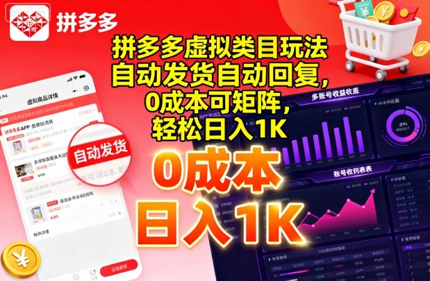 拼多多虚拟类目玩法，自动发货自动回复，0成本可矩阵，轻松日入1K【揭秘】-chywc