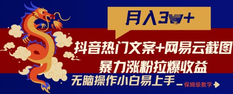 抖音热门文案+网易云截图暴力涨粉拉爆收益玩法，小白无脑操作，简单易上手【揭秘】-chywc