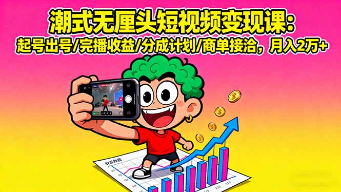 潮式无厘头短视频变现课：起号出号/完播收益/分成计划/商单接洽，月入2万+-chywc