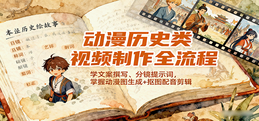 动漫历史类视频制作全流程，学文案撰写、分镜提示词，掌握动漫图生成+抠图配音剪辑-chywc