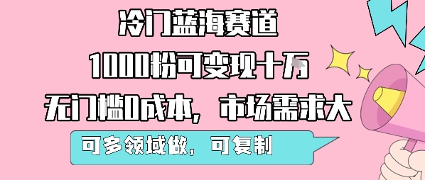 冷门蓝海赛道，1000粉可变现十W，无门槛0成本，市场需求大，可多领域做，可复制性强-chywc