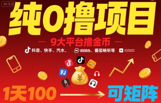 纯0撸项目，9大平台撸金币，抖音，快手，汽水，番茄畅听等，1天100，可矩阵-chywc