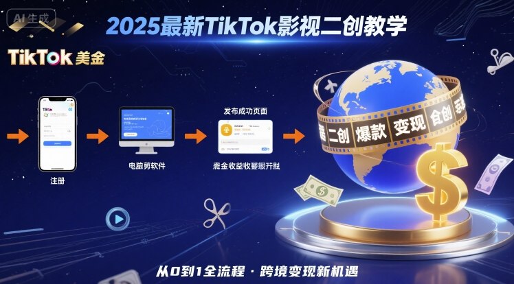 2025年最新TikTok影视二创教学，从注册到发布撸美金全流程，跨境变现新机遇-chywc