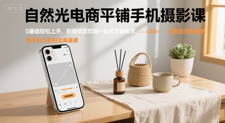 自然光电商平铺手机摄影课，0基础轻松上手，拍摄修图剪辑一站式实操教学，用手机也能拍出高级感-chywc