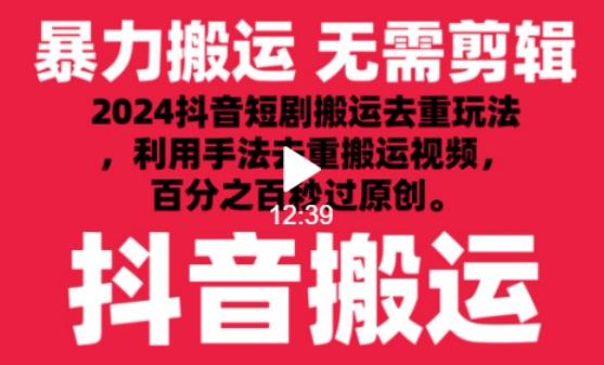 2024最新抖音搬运技术，抖音短剧视频去重，手法搬运，利用工具去重，达到秒过原创的效果【揭秘】-chywc